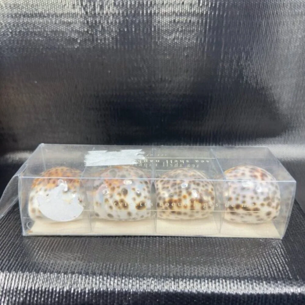 Pier 1 Brown Tiger‎ Spotted Cowrie Seashell Shell Napkin Rings Set 4 New In Box